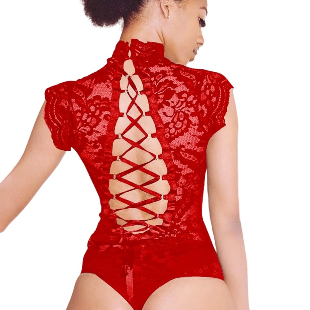 Sexy Red Lace High Neck Corset Back Bodysuit
